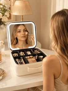 LED Makeup Mirror Cosmetic Bag, Large Capacity Cosmetic Storage, 3 Color Lights, Dimmable Touch Control, Adjustable Dividers, Portable Travel Cosmetic Organizer, Skincare, Brushes & Cosmetics, Gift For Girls And Women - Multicolor - View 10