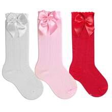 Girls' 3/4 Knee-High Party Socks With Satin Bow, 16-33, For Baptism, Wedding, Flower Girl, Social, Dance, Events, Elegant, School - 白色,粉色和紅色 - 查看 14