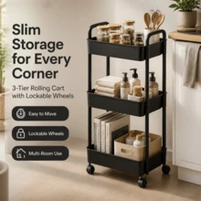 3 Tier Storage Trolley On Wheels – Narrow Rolling Rack For Kitchen Bathroom Laundry, Black/White Space-Saving Organiser - Black - View 2