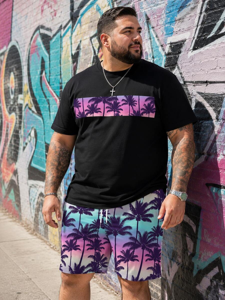 Men's Street Casual Sports Set With "Gradient Palm Tree" Pattern Design - Polyester Knit Fabric, Round Neck, Drawstring Shorts, Pocket Details, Regular Fit, Suitable For Plus Size - Multicolor - View 1