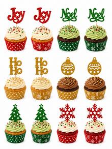 24PCS Gold Glitter Xmas Cake Toppers, Christmas Cupcake Picks In 6 Festive Designs, Holiday Party Dessert & Baking Decorations - Style a - View 1