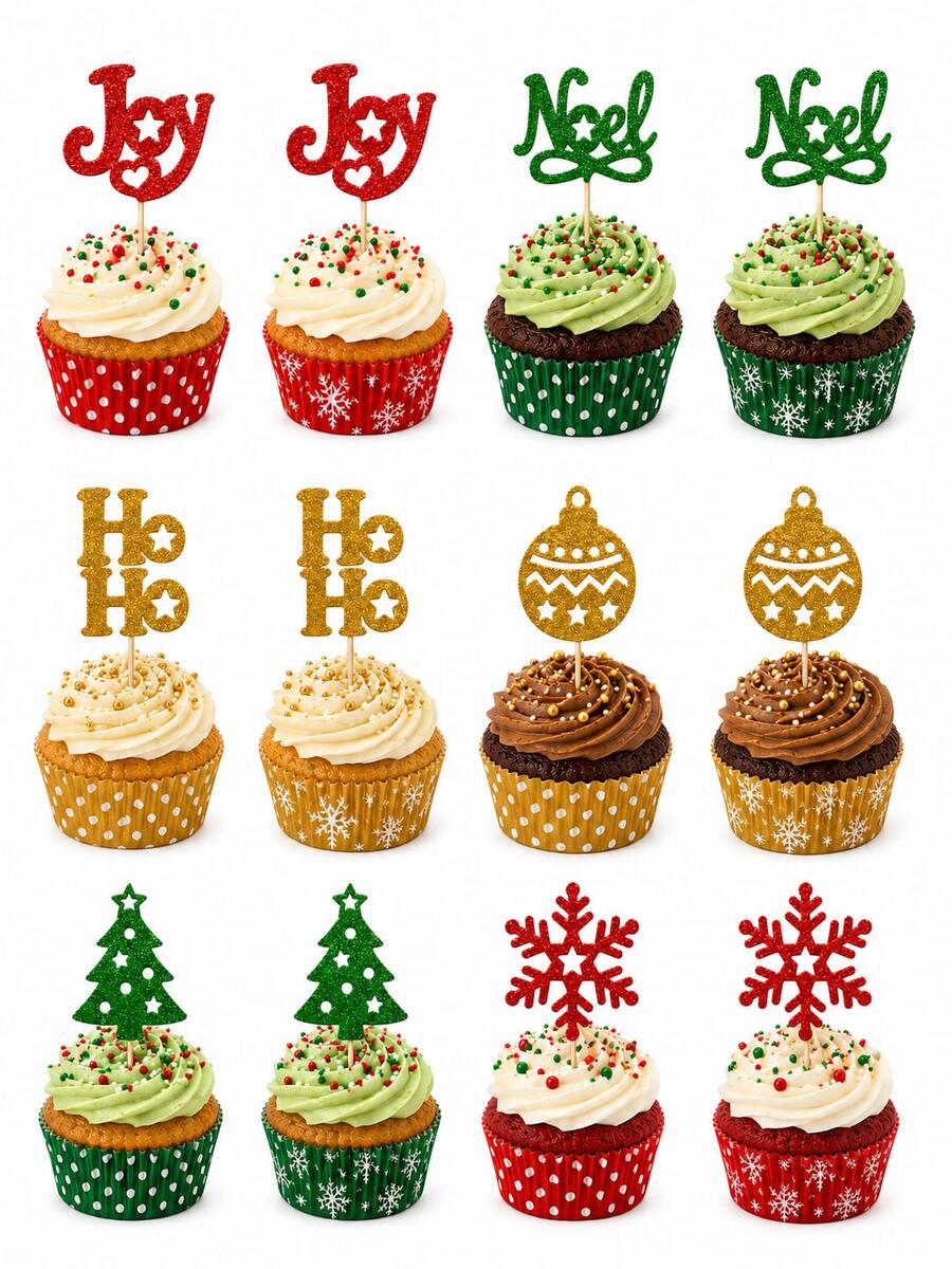24PCS Gold Glitter Xmas Cake Toppers, Christmas Cupcake Picks In 6 Festive Designs, Holiday Party Dessert & Baking Decorations - Style a - View 1