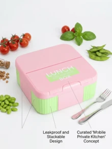 This Macaron Color Block Lunch Box Is Made Of PP Material, Features A Portable Design, Built-In Utensils, Leak-Proof Seal, And Is Suitable For Back To School, Office, Picnic, Camping, Travel And Daily Use - Multicolor - View 3
