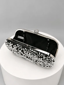 1pc Black Heavy Beaded Evening Clutch Bag, Silver White Pearl Rhinestone Woven Pattern, Spherical Full Rhinestone Lock, Hard Shell Box Shape, Detachable Chain, Party Wedding Evening Dress Matching Clutch - Black - View 4