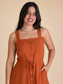 Vestido Midi Plus Size Feminino Lyocell com Botões Frontais, Amarração na Cintura e Bolsos Laterais - terracota - Visão 4