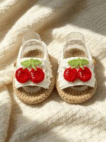 1 Pair Handmade Crochet Infant Sandals With Cherry Applique, White And Tan, Infant Summer Shoes - White - View 2