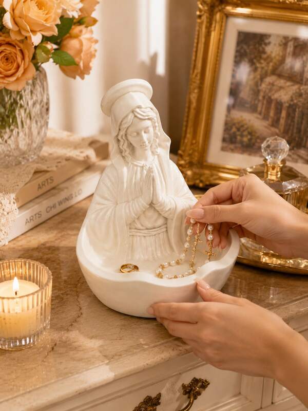 1pc Virgin Mary Resin Jewelry Tray, Catholic Prayer Figurine Rosary Holder, Christian Religious Decor, Ring And Bead Jewelry Dish, Bedroom Vanity Desktop Ornament, Faith Gift For Women, Mothers, Family