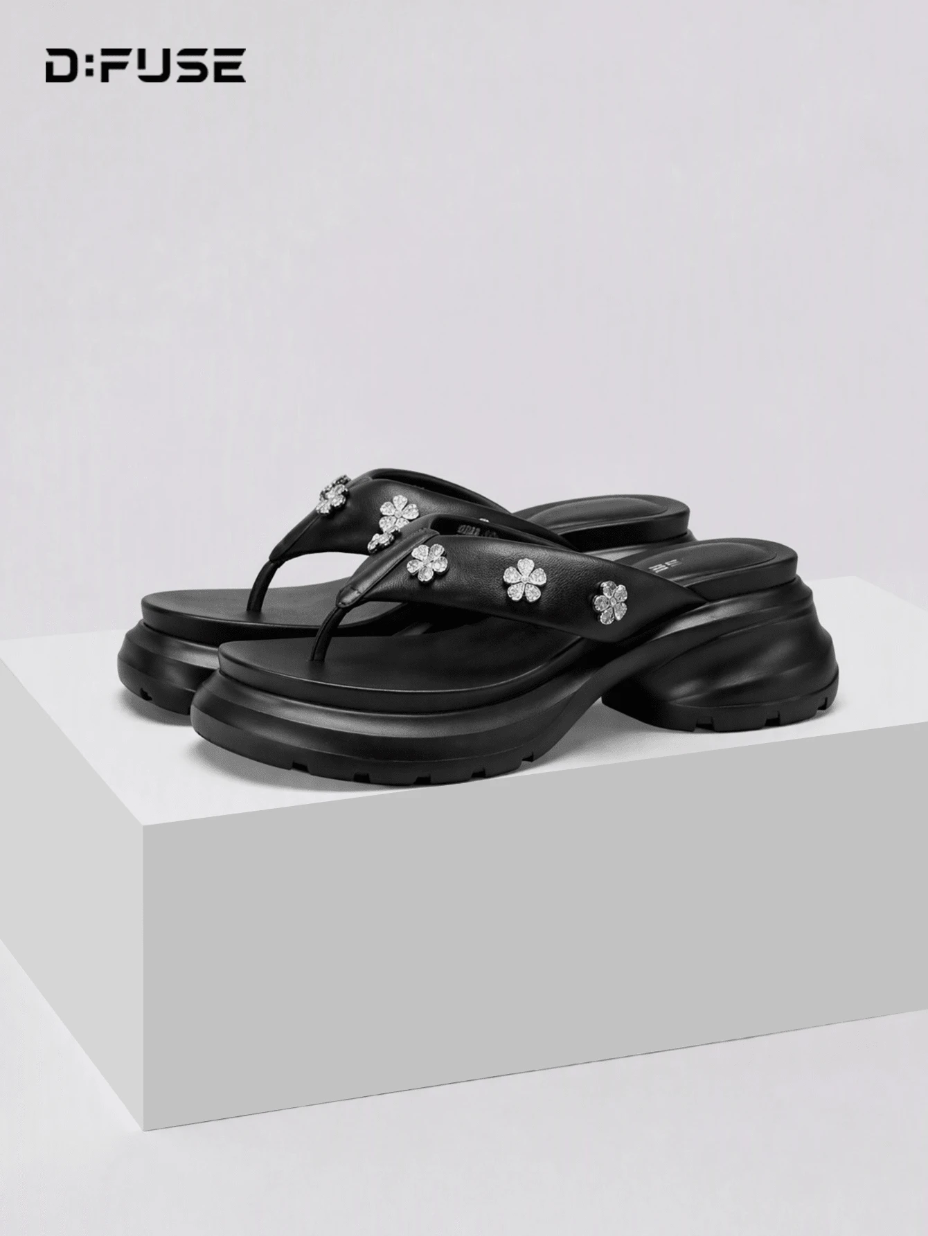 D:FUSE Women's Crystal Floral Decor Thin Strap Open Toe Slip-On Platform Sandals, Sweet Style, Comfortable For Summer Daily Beach Vacation Wedding, Black Genuine Leather - Black - View 1