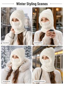 6 Colores Estilo Coreano Pasamontañas Todo en Uno de Punto, Conjunto de Gorro Bufanda Máscara Facial 3 en 1 Forrado de Felpa, Ribete de Piel, Talla Única Elástica, Resistente al Viento Cálido Invierno Ciclismo Esquí Navidad Exterior Uso Diario Gorro Cálido - Multicolor - Ver 3