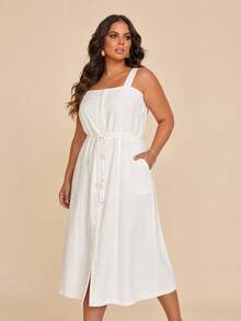 Vestido Midi Plus Size Feminino Lyocell com Botões Frontais, Amarração na Cintura e Bolsos Laterais - Branco - Visão 3