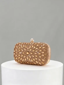 1pc Gold Full Rhinestone Hard Shell Evening Clutch, Horse Eye Rhinestone Radial Pattern, Spherical Rhinestone Bead Lock, Heavy-Duty Rhinestone Craft, With Detachable Chain, Suitable For Wedding, Banquet, Party, Dress Matching - Gold - View 6