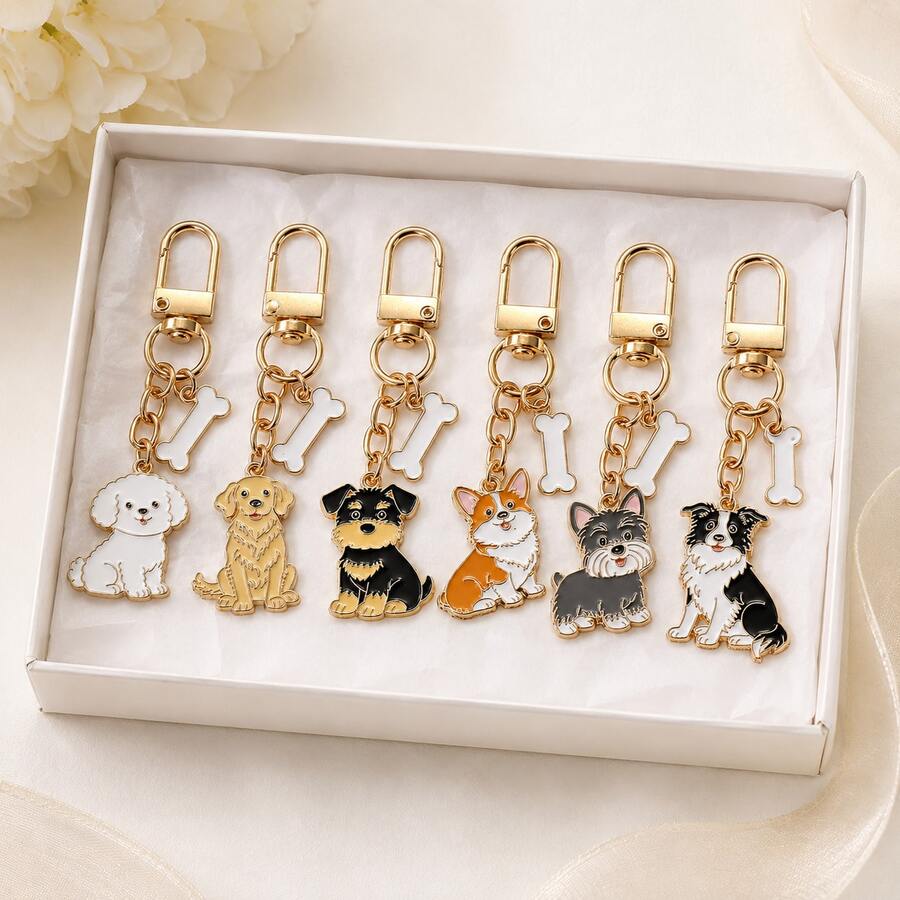 Cute Enamel Dog Keychain With Bone Charm, Gold-Tone Pet Lover Bag Pendant, Y2K Purse Backpack Accessory, Everyday Gift - Multicolor - View 1
