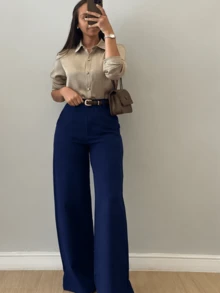 Women's Tailored Wide Leg Trousers With Button And Zipper - 藏蓝色 - 查看 2