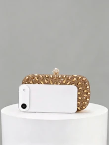 1pc Gold Full Rhinestone Hard Shell Evening Clutch, Horse Eye Rhinestone Radial Pattern, Spherical Rhinestone Bead Lock, Heavy-Duty Rhinestone Craft, With Detachable Chain, Suitable For Wedding, Banquet, Party, Dress Matching - Gold - View 5