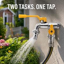 Dual‑Outlet Outdoor Garden Water Tap, One‑In‑Two‑Out Independent Control Faucet, Stainless‑Steel Hose Connector Water Spigot For Yard Irrigation Car Washing - Multicolor - View 5