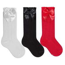 Girls' 3/4 Knee-High Party Socks With Satin Bow, 16-33, For Baptism, Wedding, Flower Girl, Social, Dance, Events, Elegant, School - 白色,黑色和紅色 - 查看 1