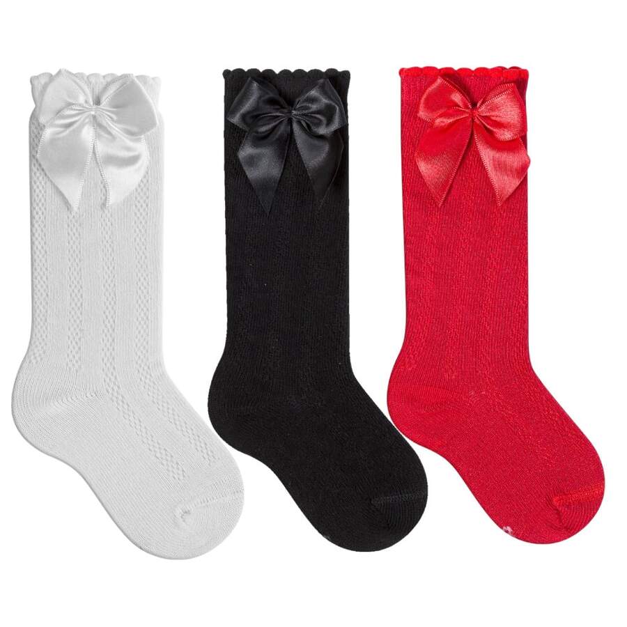 Girls' 3/4 Knee-High Party Socks With Satin Bow, 16-33, For Baptism, Wedding, Flower Girl, Social, Dance, Events, Elegant, School - 白色,黑色和紅色 - 查看 1
