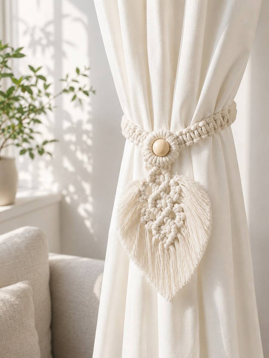 1pc Ivory Boho Leaf Tassel Curtain Tieback, Decorative Drapery Holdback ...