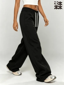 mulinsen Black Loose Casual Sports Pants For Women, Elastic Waist Contrast Color Drawstring 3D Center Line Slimming Draped Sweatpants, Outdoor Sports - Black - View 3