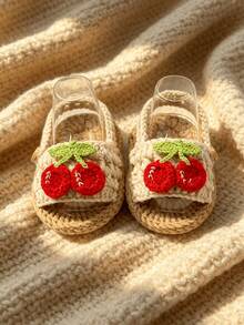 1 Pair Handmade Crochet Infant Sandals With Cherry Applique, White And Tan, Infant Summer Shoes - Beige - View 2