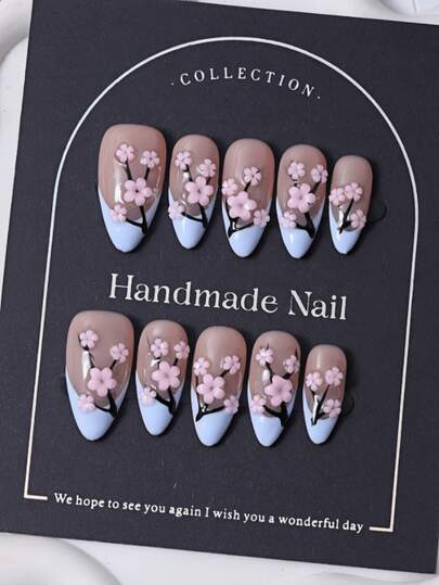 10pcs/Set Handmade Press On Almond Nail Tips In Y2K Pink, Featuring French & 3D Hand Painted Flowers And Hand Drawn Foliage Designs. Comes With 1 Piece Of Jelly Gel And 1 Nail File. Ideal For Daily Use And Party Nail Care.