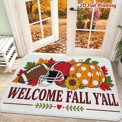 1/2pcs Autumn Door Mat, Thanksgiving Theme Door Mat, Flannel Material Soft Absorbent Non-Slip Machine Washable, Multi-Functional Home Entrance Carpet Kitchen Bathroom Hallway Mat With Football Helmet Pumpkin Sunflower Maple Leaf Pattern, Suitable For Yard Living Room Bedroom Laundry Room Holiday Decoration