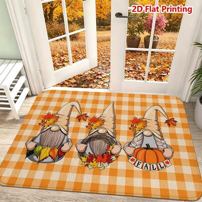 1/2pcs Autumn Door Mat, Thanksgiving Theme Door Mat, Flannel Material Soft Absorbent Non-Slip Machine Washable, Multi-Functional Floor Mat Suitable For Entrance, Living Room, Kitchen, Bathroom, Bedroom, Yard, Laundry Room, Exquisite Three Gnome With Pointed Hats Pattern With Maple Leaves, Pumpkin, FALL Text, Orange And White Plaid Background, Warm Holiday Decor Style