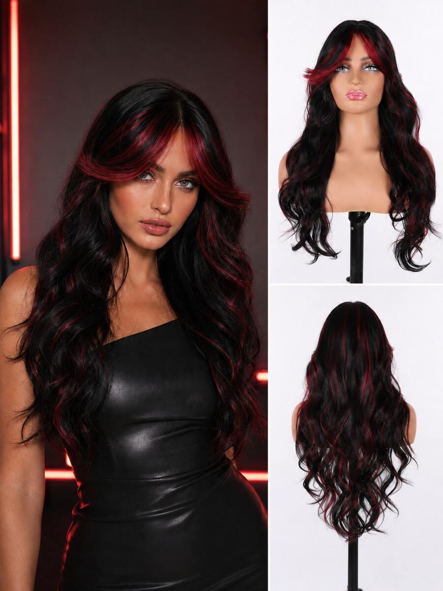Black With Burgundy Front Highlights Wavy Synthetic Wig, Gothic Halloween Cosplay Heat Resistant Hair Wig For Women Daily Wear - Red Highlight - View 1