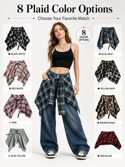Women's Plaid Shirt Wrap Asymmetrical Layered Skirt Waist Belt, Y2K Street Style, Suitable For Campus And Concerts, Teen Girls And Women, Halloween And Christmas Gifts