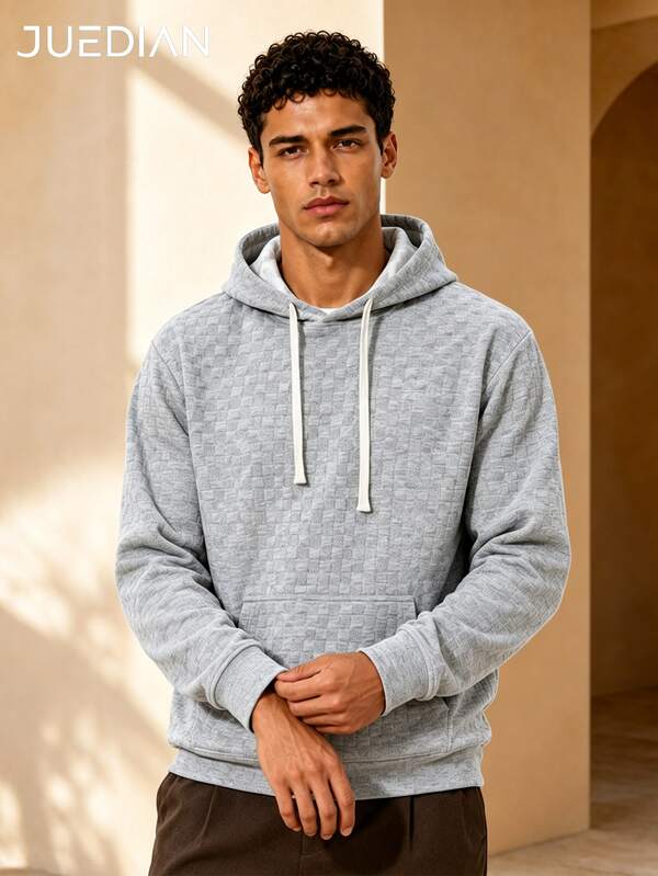 1pc Gray Plaid Embossed Men's Sweatshirt Sweatshirt, Kangaroo Pocket Design, Pullover, Machine Washable, Spring/Autumn Casual Breathable Versatile Base Layer, Comfortable Skin-Friendly Anti-Pilling, Old Money Style, Gentleman Elegant Men's Top