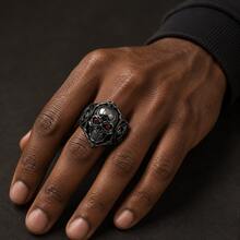 1pc Skull Cross Ring, Unisex Gothic Style Red Eye Skull Ring, Vintage Cross Pattern, Halloween Cosplay Streetwear Party Accessory Gift - Gun Black - View 4