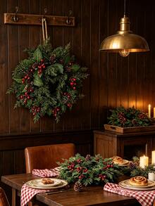 2pcs/1pc Artificial Plants, Artificial Christmas Pine Wreath, Faux Greenery Hanging Wreath Featuring Artificial Berries And Pine Cones, Christmas Decoration, Suitable For Home Wall Decor, Front Door, Indoor/Outdoor Decor, Window, Wall, Home Party, Holiday Party Arrangement, Winter, Christmas Home Decor, Christmas, Table Centerpiece Decor, Fireplace Decor, Outdoor Decor, Garden Decor, Scene Arrangement - Dark Green - View 5