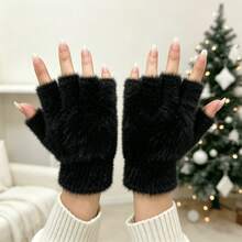 1 Pair Women's Fingerless Knit Plush Gloves, Essential For Winter Travel Warmth, 5 Colors Available - Black - View 4