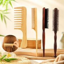 4pcs Wooden Hair Comb Set, Bamboo Wide Tooth Comb, Rat Tail Comb, Solid Wood Triple Row Bristle Brush, Wooden Round Styling Comb, Suitable For Daily Hair Styling - Apricot - View 1