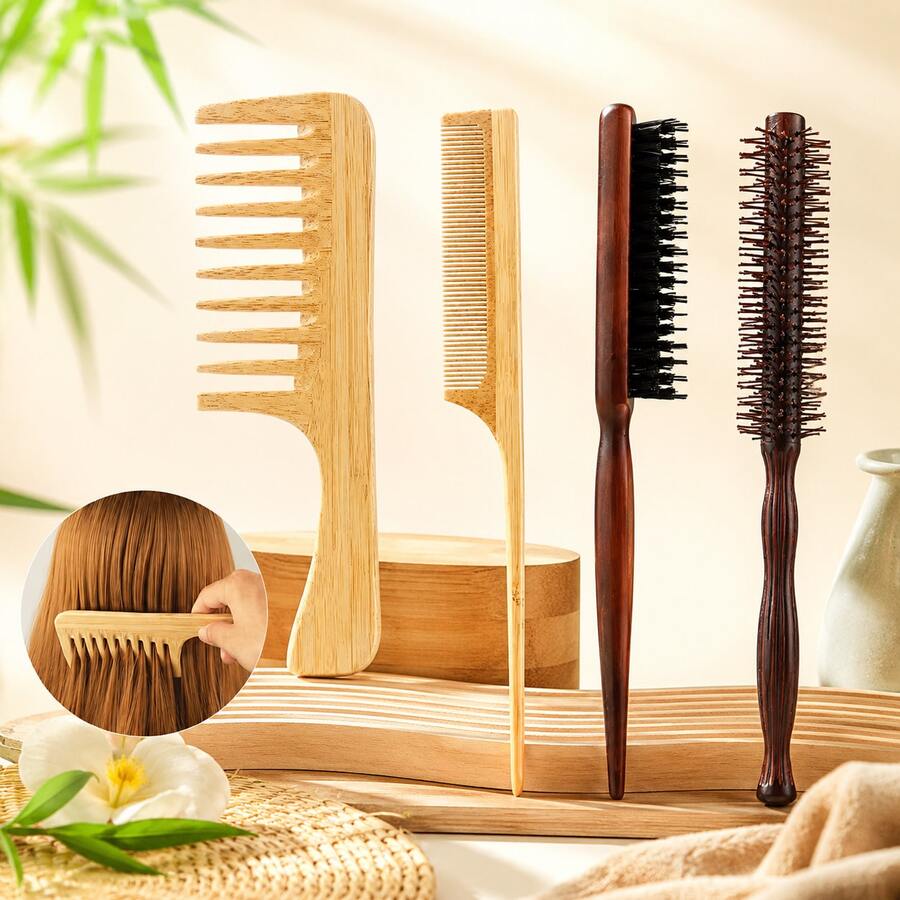 4pcs Wooden Hair Comb Set, Bamboo Wide Tooth Comb, Rat Tail Comb, Solid Wood Triple Row Bristle Brush, Wooden Round Styling Comb, Suitable For Daily Hair Styling - Apricot - View 1