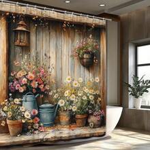 1pc Vintage Style Non-Blackout Polyester Shower Curtain, Decorated With Potted Plants, Vintage Blue Teapot And Floral Patterns, Machine Washable Polyester Fabric, Bathroom Decor, Fashionable Theme Suitable For All Seasons - A - View 2
