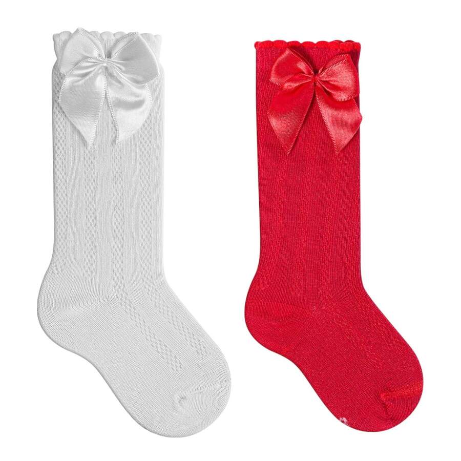 Girls' 3/4 Knee-High Party Socks With Satin Bow, 16-33, For Baptism, Wedding, Flower Girl, Social, Dance, Events, Elegant, School - 紅白色 - 查看 1