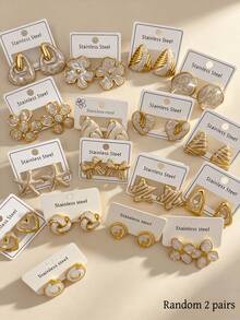 24 Pieces / Sets Of Stainless Steel Earrings, Featuring Geometric, Starfish, Floral, Heart-Shaped And Asymmetrical Designs. (Random Shipment) - Multiple Styles - View 12