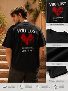 Camiseta de hombre, estampada, de manga corta, cuello redondo, corte holgado, estilo informal, adecuada para el uso diario - Negro - Ver 2