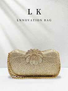 1pc New Luxury Rhinestone Chain Crossbody Rainbow Clutch Bag With Beaded Detail, Women's Evening Handbag For Formal Occasions Like Dinner, Wedding, Banquet, Valentine's Day Gift - Gold - View 3