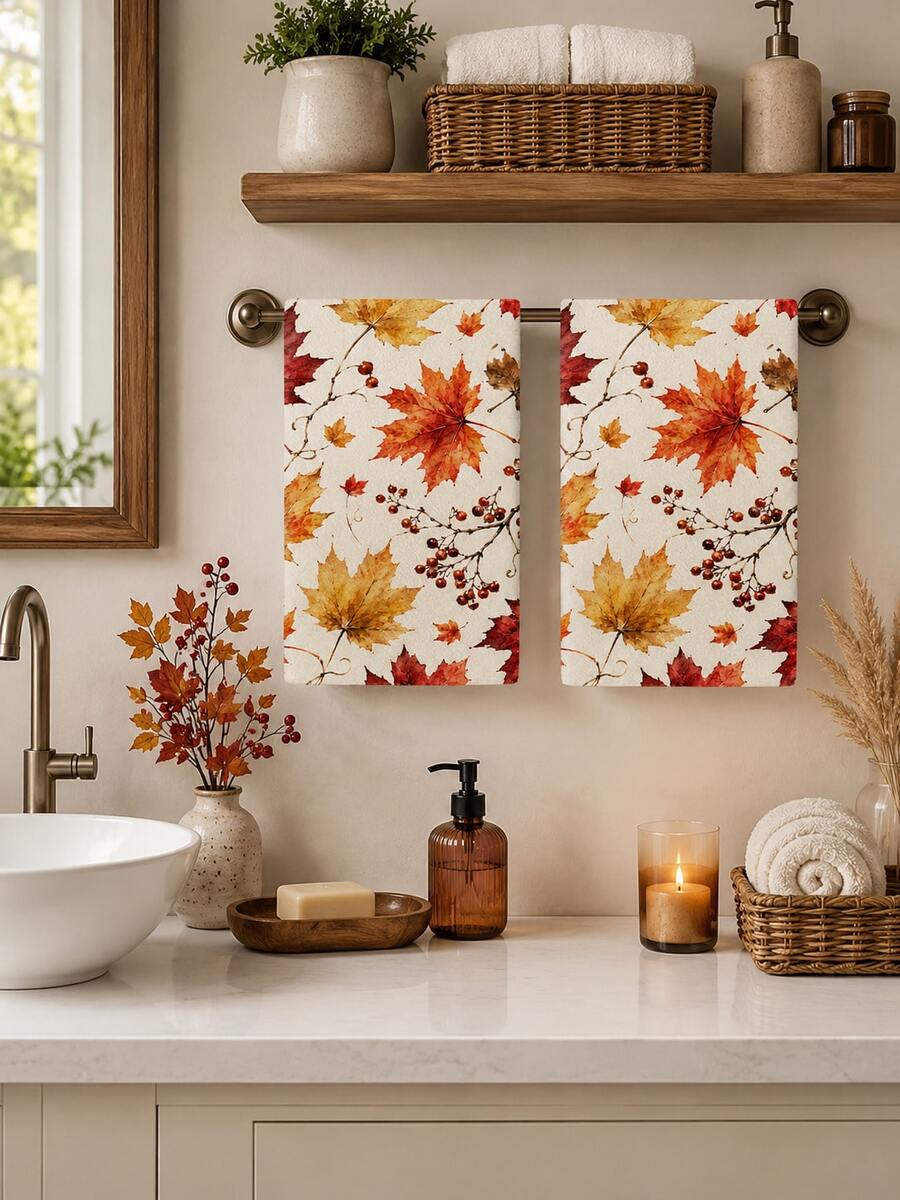 2pcs/4pcs Watercolor Maple Leaf & Red Berry Kitchen Towels, Autumn Gradient Maple Leaf Berry Branch Print, Harvest Thanksgiving Pastoral Hand Towels, Kitchen Baking Decorative Towels - Multicolor - View 1