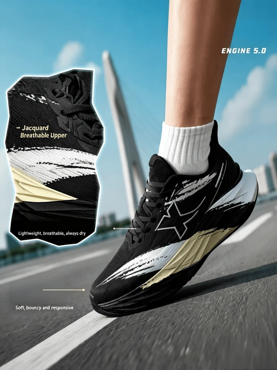 XTEP Shadow Engine 5.0 Men's New Mesh Breathable Cushioning Responsive Running Shoes - Black and White/green - View 1