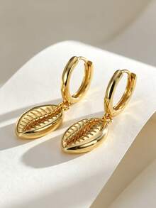 Charm-In 18K Gold Plated Copper Cowrie Shell Huggie Hoop Earrings, Textured Shell Dangle Earrings, Summer Beach Ocean Jewelry For Women Daily Wear - Gold - View 3