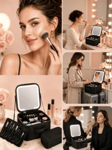 LED Makeup Mirror Cosmetic Bag, Large Capacity Cosmetic Storage, 3 Color Lights, Dimmable Touch Control, Adjustable Dividers, Portable Travel Cosmetic Organizer, Skincare, Brushes & Cosmetics, Gift For Girls And Women - Multicolor - View 8