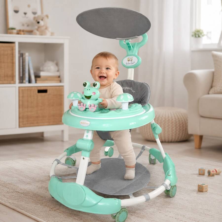 THE BABY SHOP Andadera para Bebé con Centro de Actividades, Techo Protector, Asiento Acolchado, Plegable Con Tapete Saltarín y Rana Musical - Verde - Ver 1