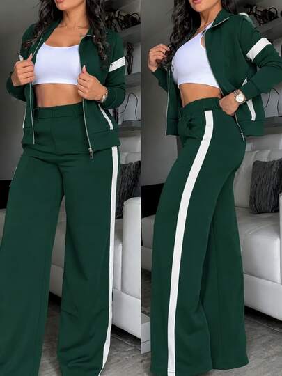 Casual Women's Fashion Suit, Comfortable Loose Splice Contrast Color Long Sleeve Top + Striped Contrast Color Straight Leg Pants