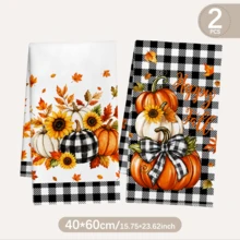 2件組黑白格紋向日葵疊加南瓜 Happy Fall 印花廚房抹布洗碗布，超細纖維聚酯材質，楓葉蝴蝶結南瓜裝飾手巾，感恩節居家裝飾、廚房裝飾、秋季裝飾，適用於餐廳廚房家居裝飾與送禮，40*60cm/45*70cm - 彩色 - 查看 3