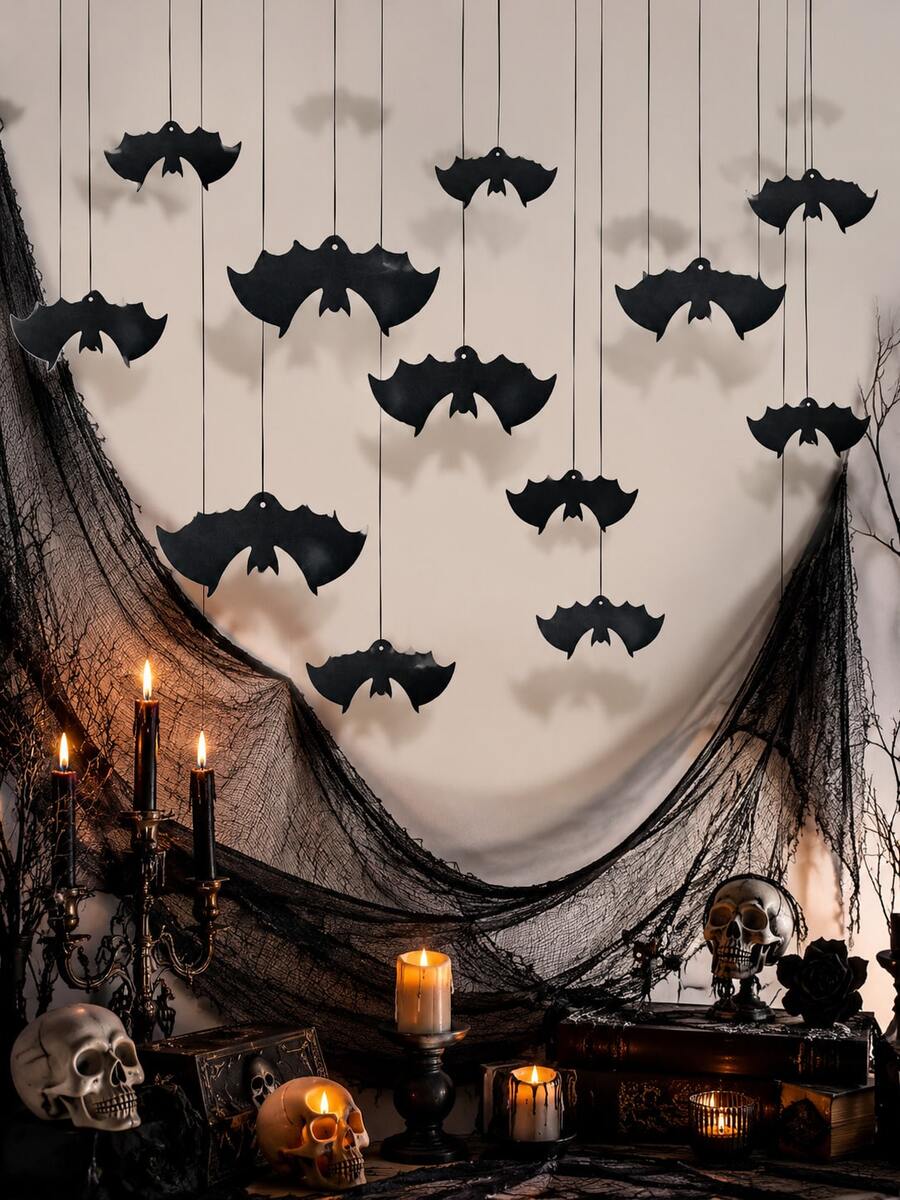 8/24pcs Black Bat Hanging Decorations, 2 Sizes, With Ribbons, Halloween Ceiling And Wall Hanging Bats, Suitable For Indoor Halloween Party, Haunted House Decor And Room Decoration, Porch Decor Hanging Banners, Halloween Party Bat Decorations - Black - View 1