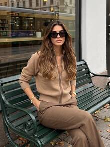 Women's Autumn Stand Collar Zip-Up Knit Cardigan, Raglan Long Sleeve Slim Fit Solid Color Casual Short Sweater Jacket Fall - Camel - View 2