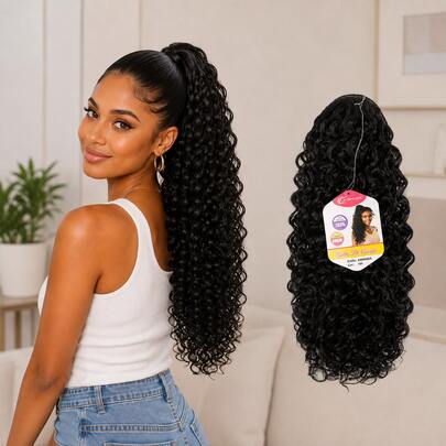 Rabo de Cavalo Cacheado com Cordão 60cm 130g, Aplique de Cabelo Sintético Longo e Volumoso, Ondulado Encaracolado, Fácil de Usar, Extensão de Cabelo para Mulheres